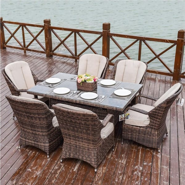 Brown 7-Piece Wicker Rectangle Outdoor Dining Set with Beige Cushion