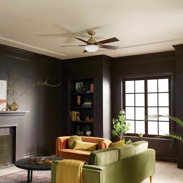 Vinea 52 in. Indoor Brushed Natural Brass Downrod Mount Ceiling Fan with Integrated LED with Wall Control Included