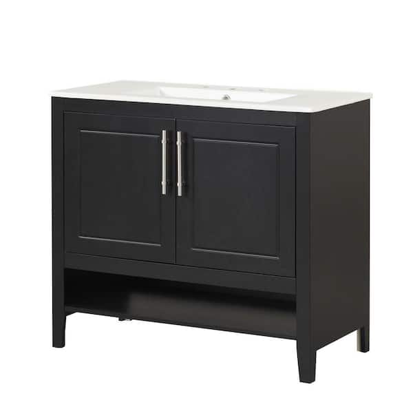 36 in. W x 18 in. D x 33 in. H Single Sink Freestanding Bath Vanity in Black with White Ceramic Top and Pull-out Shelves