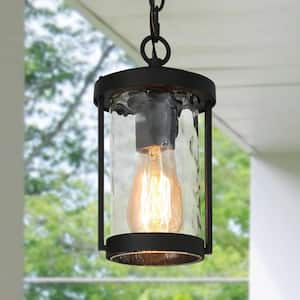 Modern Cylinder Outdoor Porch Pendant Light 1-Light Matte Black Farmhouse Patio Hanging Light with Water Glass Shade