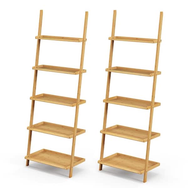 Costway 72 in. Tall Natural Bamboo 5-Shelf Ladder Shelf Wall-Leaning Display Bookcase Storage Rack (2-Pieces)