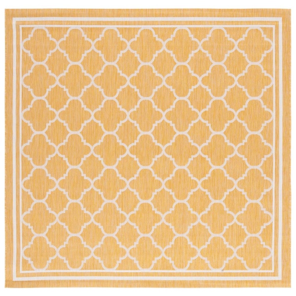 Courtyard Gold/Beige 7 ft. x 7 ft. Border Quatrefoil Indoor/Outdoor Square Area Rug
