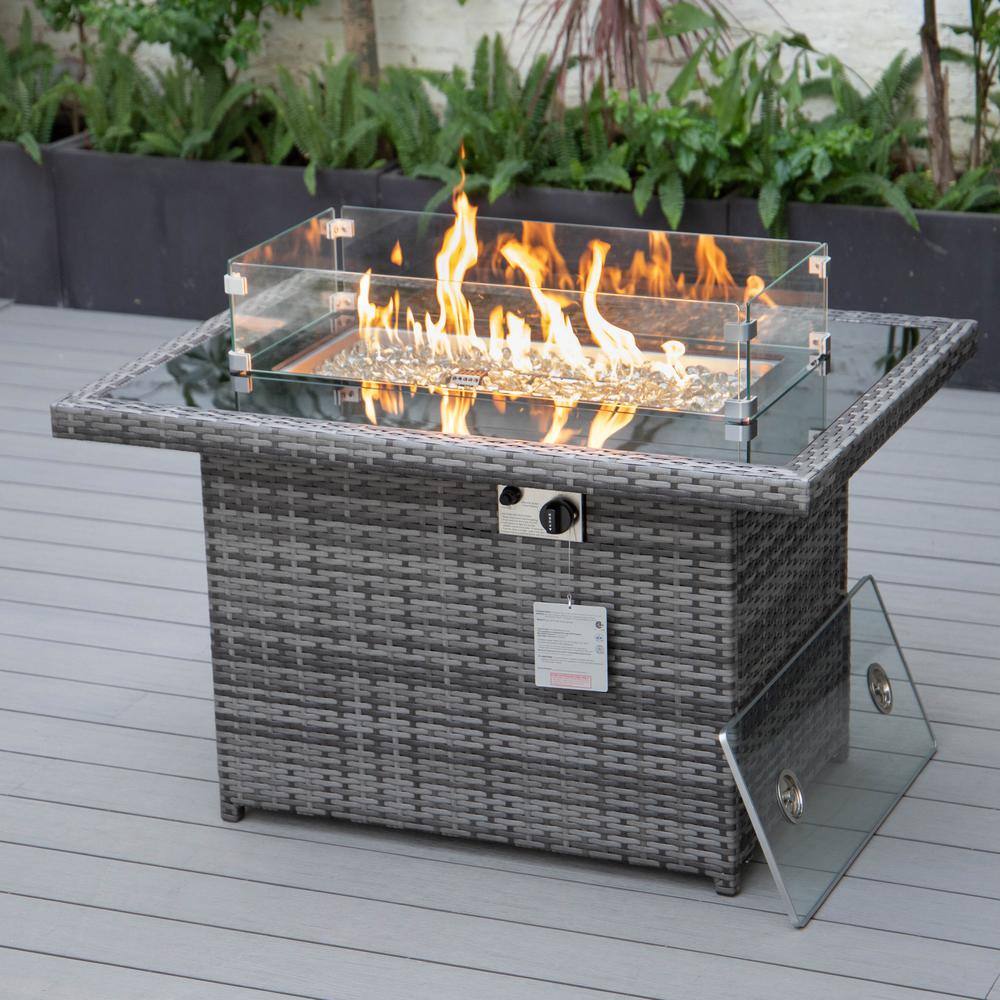 Gray Wicker Propane Fire Pit Table with Glass Guard
