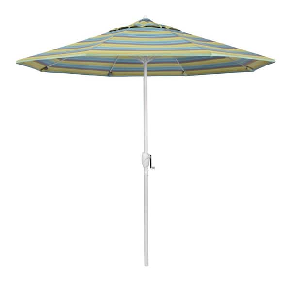 California Umbrella 9 ft. Matted White Aluminum Market Patio Umbrella Fiberglass Ribs and Auto Tilt in Astoria Lagoon Sunbrella