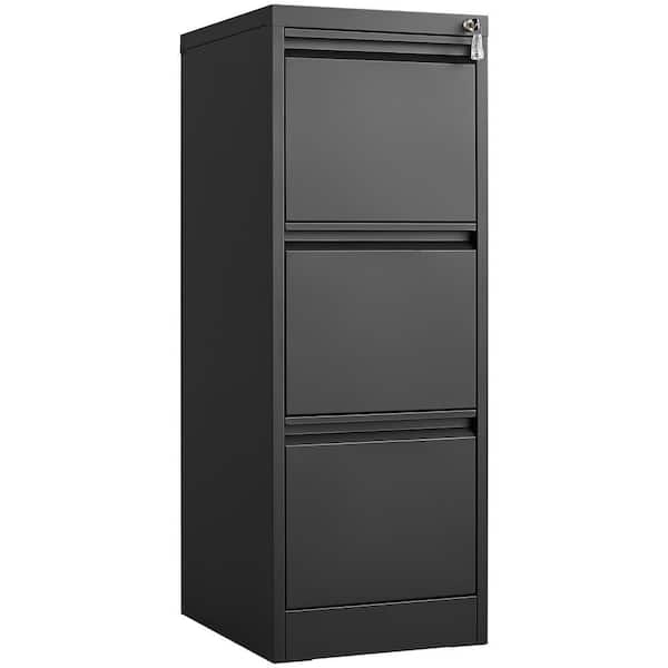 40.5 in. H x 17.7 in. D 3-Drawer Black Metal 14.7 in. W Vertical File Cabinet with Lock Metal File Cabinet Printer Stand