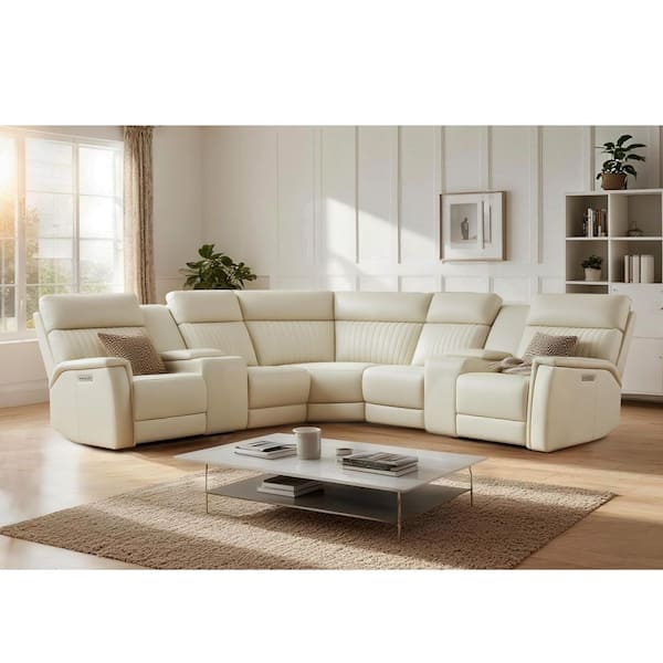 Cole 117 in. Genuine Leather Power Recliner Sectional Sofa with Console, Zero Gravity, 1 Power Armlesschair in Cream