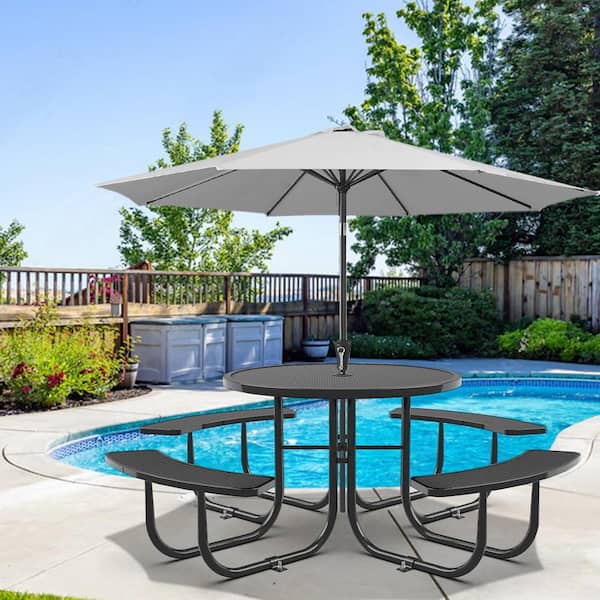 AUTMOON 46 in. Round Steel Outdoor Picnic Table, Patio Bench Set with Umbrella Hole, Black