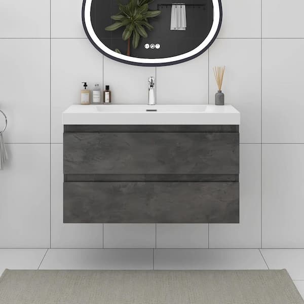 JimsMaison 36 in. Single Sink Wall-Mounted Stone Grey Bathroom Vanity with White Resin Top