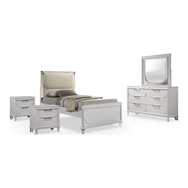 Glosan 5-Piece Pearl White Wood Frame Twin Platform Bedroom Set with LED on Headboard and Mirror, Hidden Jewelry Drawers