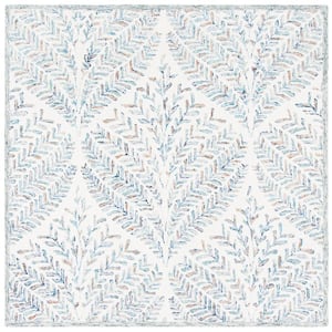 Capri Ivory/Blue Doormat 3 ft. x 3 ft. Geometric Leaf Square Area Rug