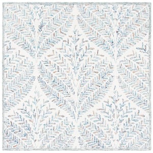 Capri Ivory/Blue 5 ft. x 5 ft. Geometric Leaf Square Area Rug