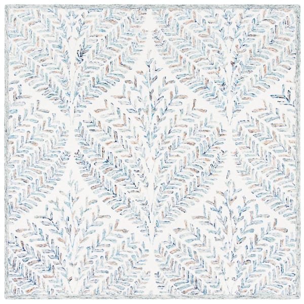 Capri Ivory/Blue 5 ft. x 5 ft. Geometric Leaf Square Area Rug