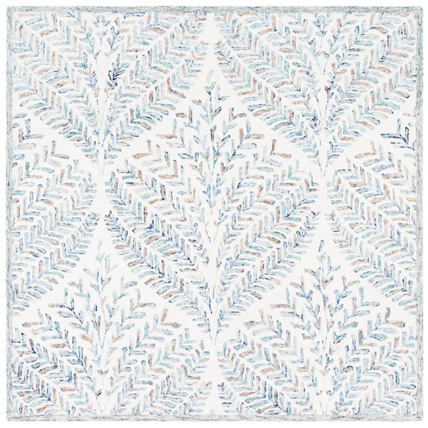 Capri Ivory/Blue 7 ft. x 7 ft. Geometric Leaf Square Area Rug