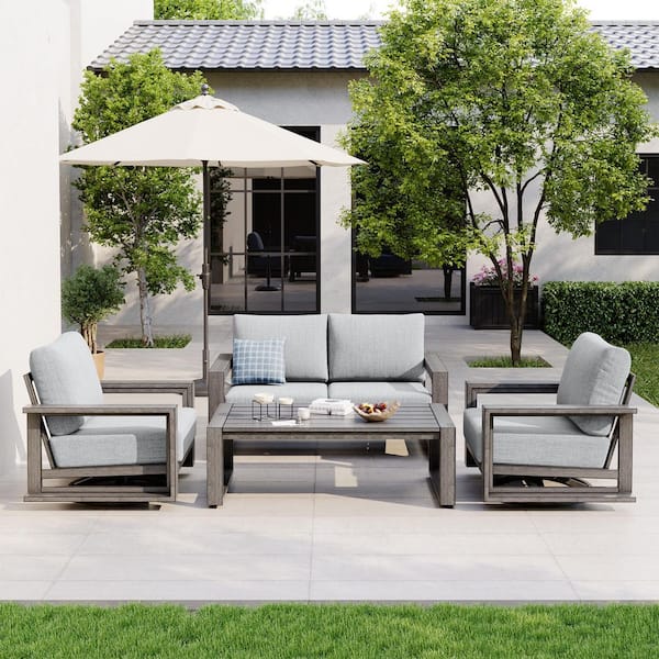 Palmelle Cove 4-Piece Aluminum Outdoor Conversation Set with Swivel Chairs, Sunbrella Gray Cushions and Coffee Table