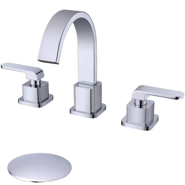 TRUSTMI Brass Bathroom Faucet Square Shaped 2 Handle 8 in. Widespread Basin Sink Tap Overflow Pop Up Drain Assembly Chrome