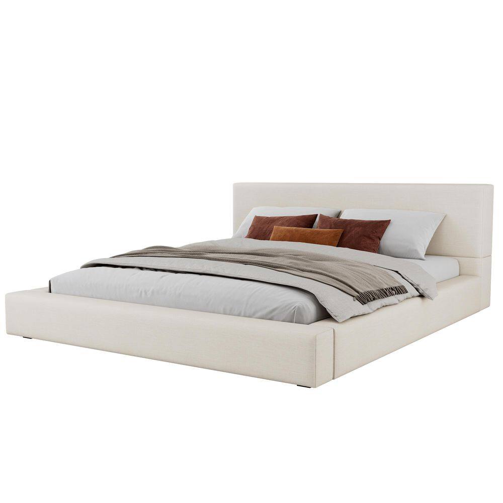 Feynor Modern Beige Linen Upholstered Wood Frame King Size Platform Bed with Thick Headboard - thumbnail 3