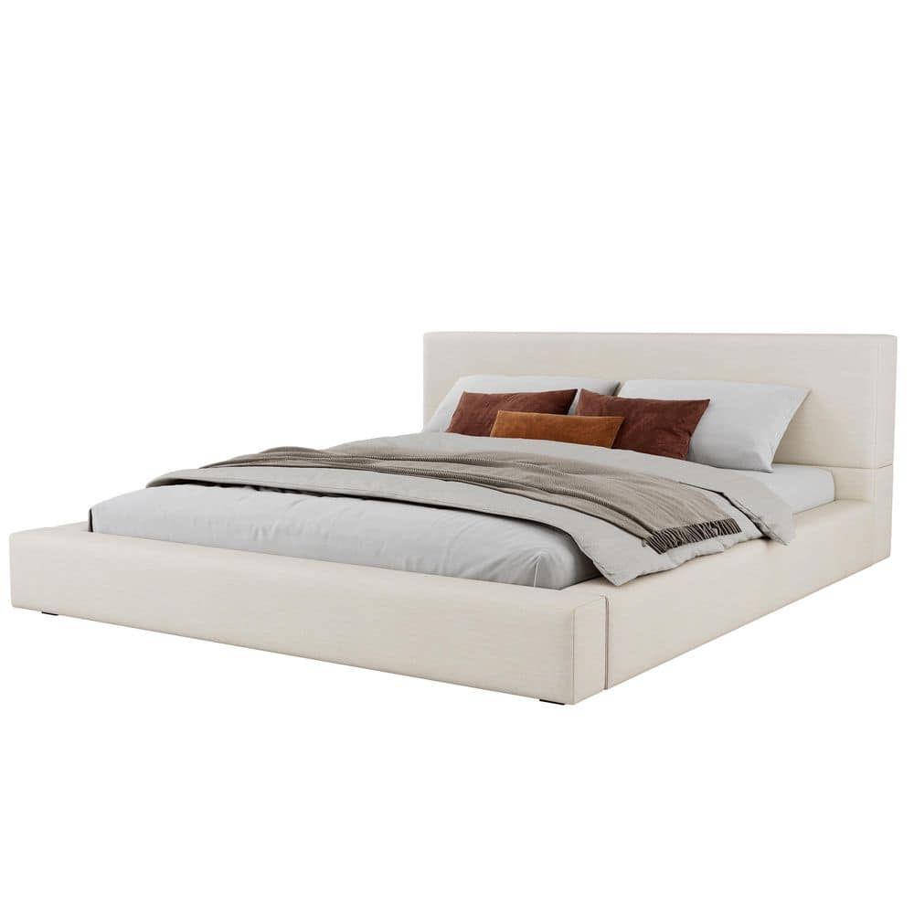 Feynor Modern Beige Linen Upholstered Wood Frame King Size Platform Bed with Thick Headboard