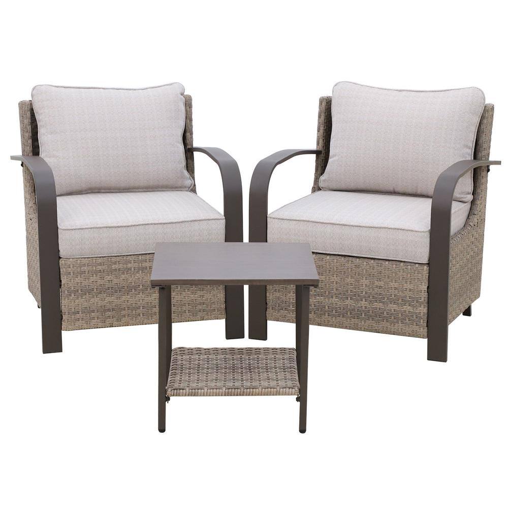 Beige Wicker Rattan 3-Piece Outdoor Chair Set with Side Table