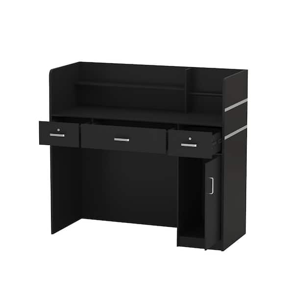 FUFU&GAGA 47.2 in. Rectangle Black Wood Writing Desk Reception Desk Executive Computer Workstation W/Lockable Drawers, Cabinet