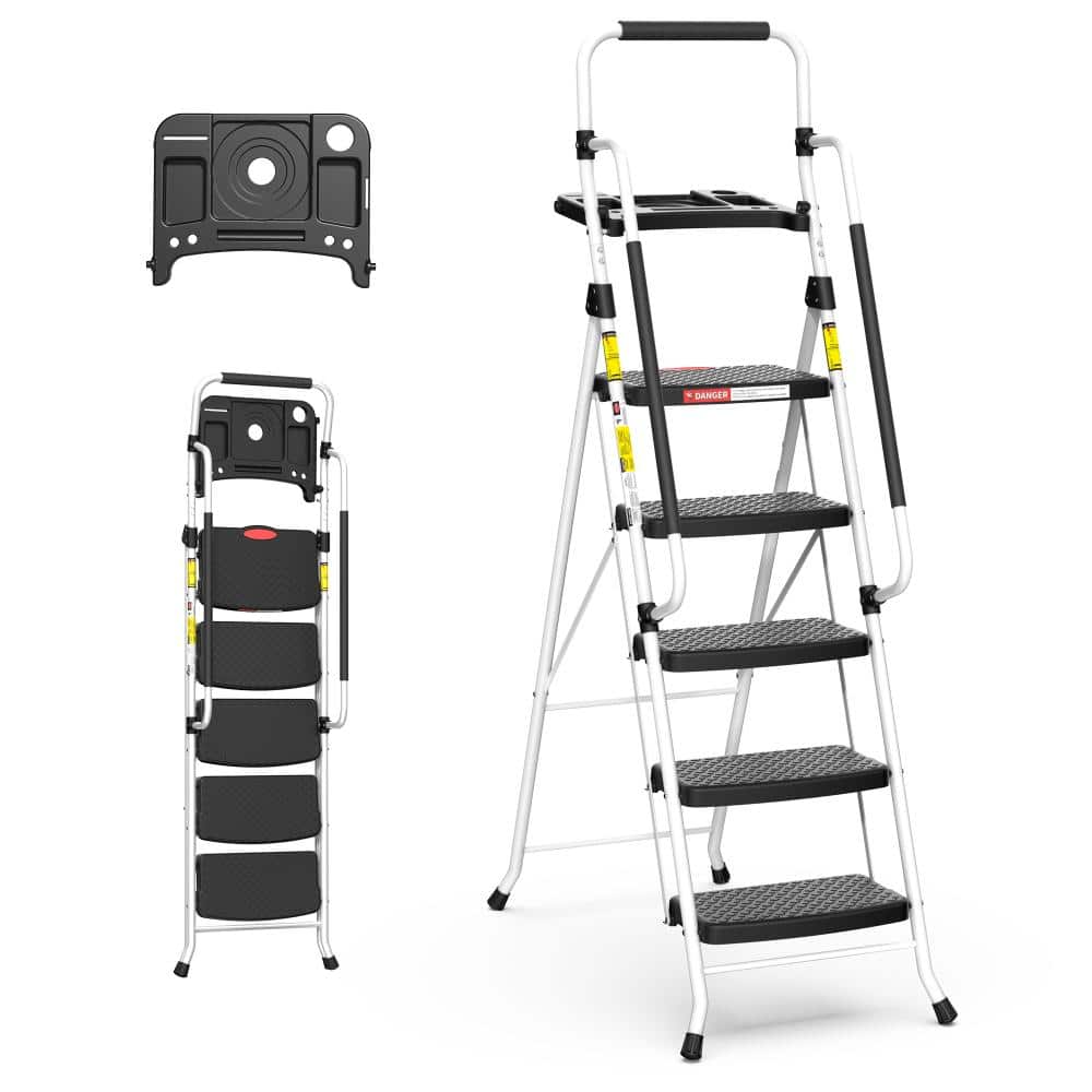 Soctone 5 Step Ladder with Tool Tray & Handrails, Folding Stool with ...