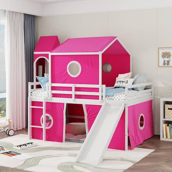 Polibi Full Size Bunk Bed with Slide Pink Tent and Tower - Pink