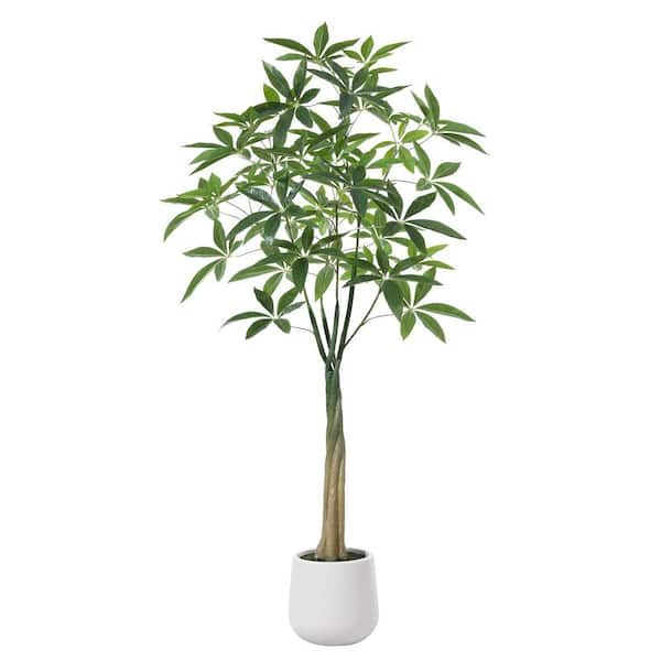 DR.Planzen 5 ft. Artificial Ficus Tree with Round White Planter, Pre Potted Faux Money Tree for Home Decor