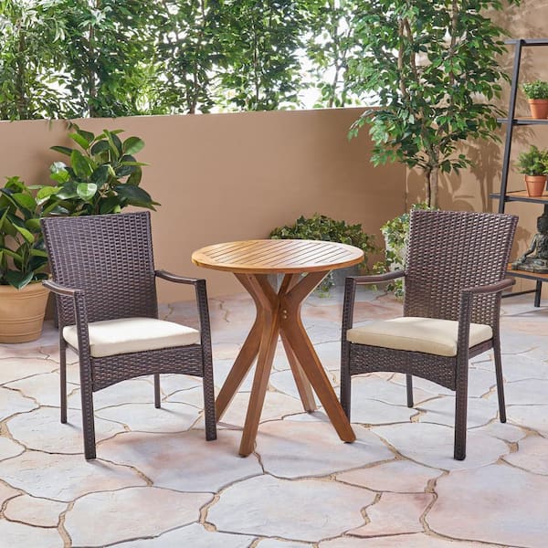 Noble House Kent Multi-Brown 3-Piece Wood and Faux Rattan Outdoor Bistro Set with Cream Cushions