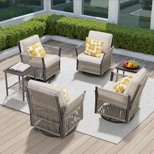 Nyajiah 6-Piece Wicker Outdoor Rocking Chair Patio Swivel Lounge Chair Set with Beige Cushions