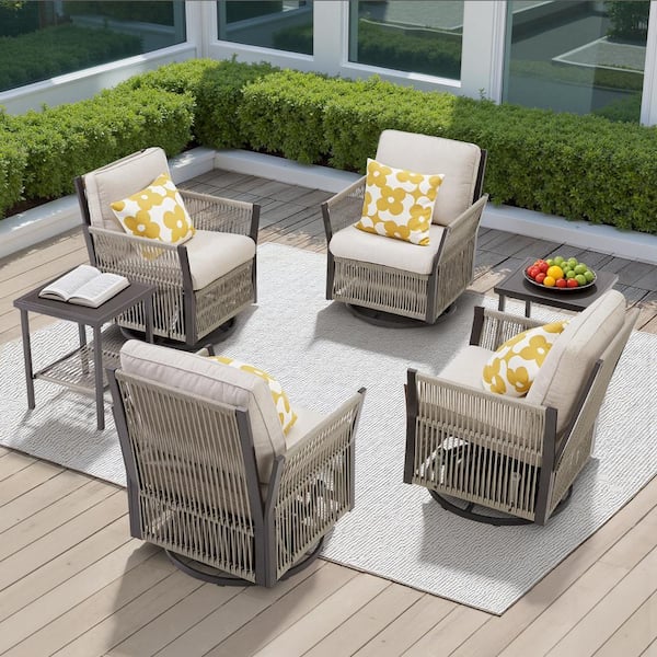6-Piece Wicker Outdoor Rocking Chair Patio Swivel Lounge Chair Set with Beige Cushions