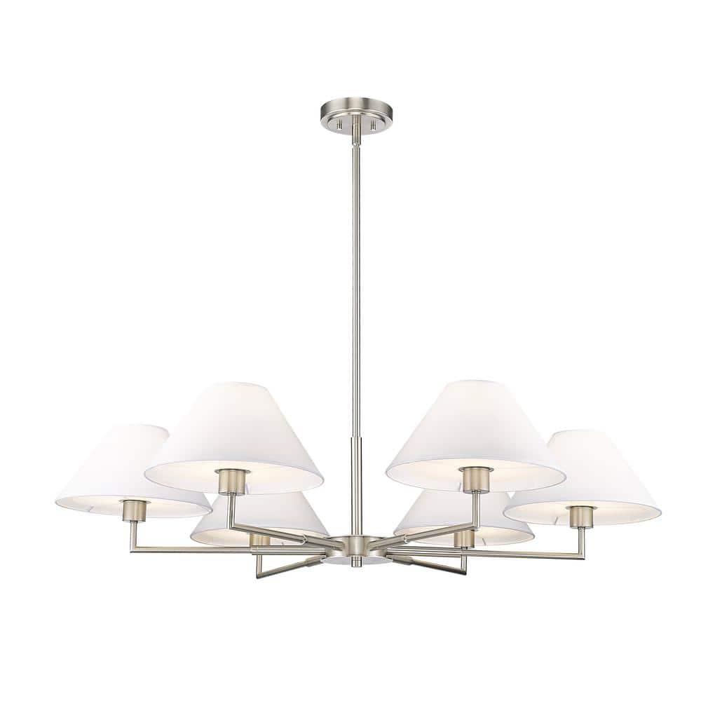 Leila 44" Brushed Nickel Chandelier with White Linen Shades