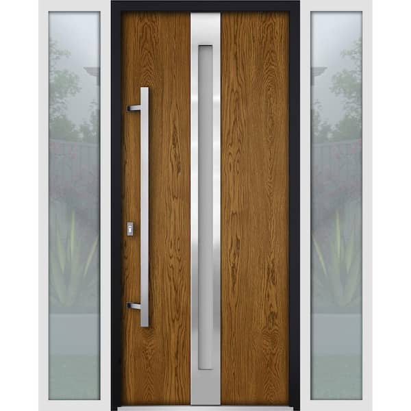 VDOMDOORS 60 in. x 80 in. Right-Hand/Inswing 2 Sidelights Frosted Glass Natural Oak Steel Prehung Front Door with Hardware