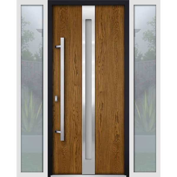 VDOMDOORS 68 in. x 80 in. Right-Hand/Inswing 2 Sidelights Frosted Glass Natural Oak Steel Prehung Front Door with Hardware