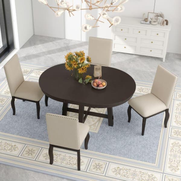 ITOPFOX Brown Espresso 5-Piece Wood Round Indoor Outdoor Dining Set with Extendable Table and Beige Cushion