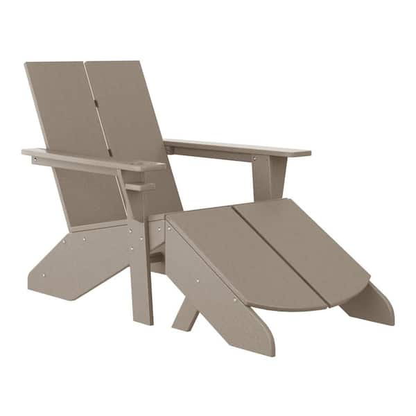 Coastin Outdoor Patio Weather Resistant 2-Piece Modern Poly Plastic Weathered Wood Adirondack Chair and Ottoman Set