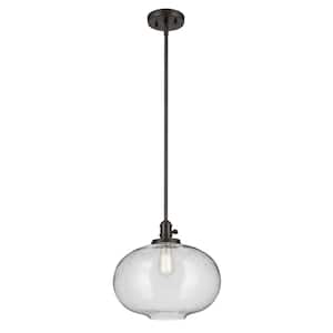 Avery 14.5 in. 1-Light Olde Bronze Vintage Industrial Shaded Globe Kitchen Hanging Pendant Light with Seeded Glass