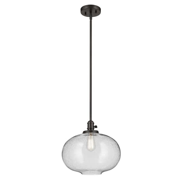 KICHLER Avery 14.5 in. 1-Light Olde Bronze Vintage Industrial Shaded Globe Kitchen Hanging Pendant Light with Seeded Glass