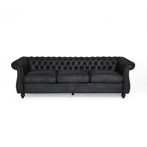 Noble House Sommerville Black Microfiber 3-Seater Chesterfield Sofa with Flared Arms