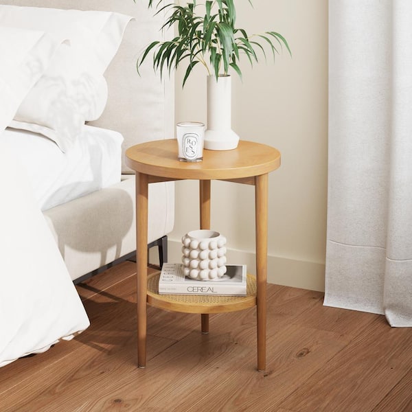 Nathan James Sonia 15 in. Light Brown Bohemian 2-Tier Round End Table in Light Wood With Rattan Storage Shelf