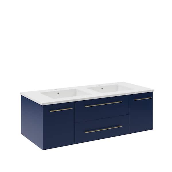 Fresca Lucera 48 in. Double Sink Wall Mount Floating Royal Blue Bath Vanity with White Quartz Top and Undermount Ceramic Sinks