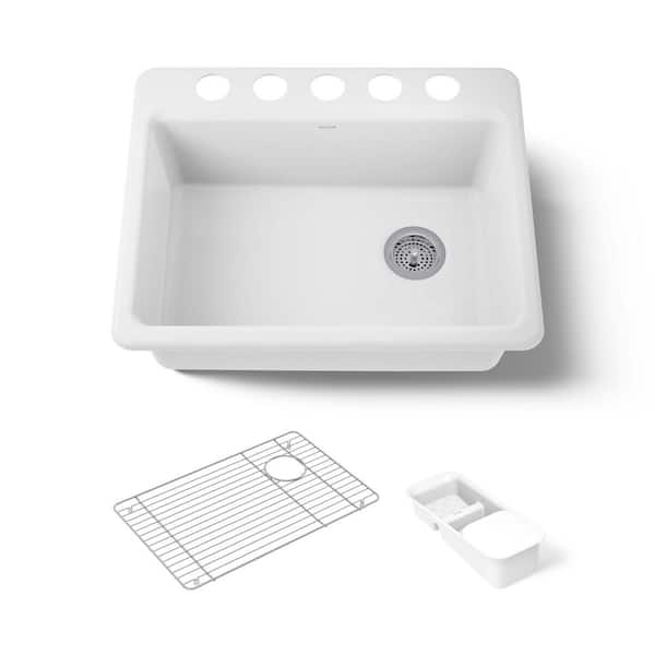 KOHLER Riverby Workstation Undermount Cast Iron 27 in. 5-Hole Single Bowl Kitchen Sink in White with Included Accessories