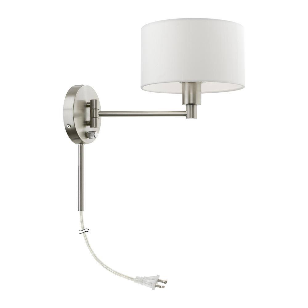 Transitional Brushed Nickel Swing Arm Wall Lamp with Off-White Shade