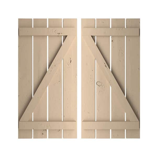 Ekena Millwork 23.5 in. x 70 in. Timberthane Polyurethane 4-Board Spaced Board-n-Batten Knotty Pine Faux Wood Shutters w/Z-Board Pair