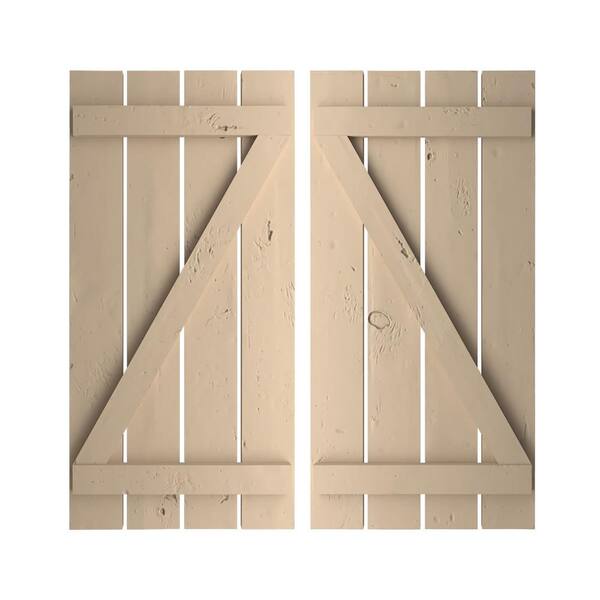 Ekena Millwork 23.5 in. x 80 in. Timberthane Polyurethane 4-Board Spaced Board-n-Batten Knotty Pine Faux Wood Shutters w/Z-Board Pair