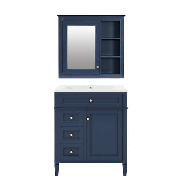 Boosicavelly 30 in. W x 18 in. D x 33 in. H Freestanding Bath Vanity in Blue with White Ceramic Top and Mirror Cabinet