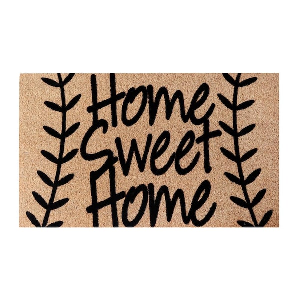 A1HC Leafy Home Sweet Home Black 24 in. x 36 in. Natural Coir Heavy Duty Non Slip PVC Backing Outdoor Welcome Mat