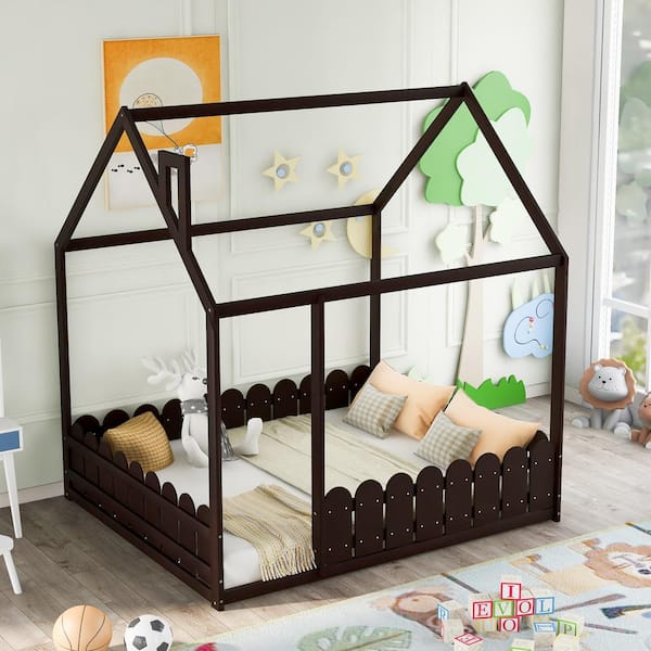 Wood Bed House Frame With Fence, Boys Full Size Bed Frame
