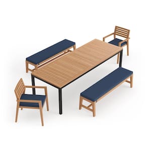 Rhodes 5 Piece Teak Outdoor Patio Dining Set in Spectrum Indigo Cushions with 96 in. Table & Bench