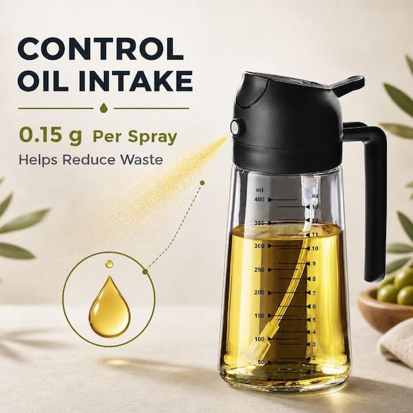 Wudkey Glass Black 2-in-1 Olive Oil Sprayer and Dispenser Bottle with Precision Nozzle for Controlled Cooking 2-Pack