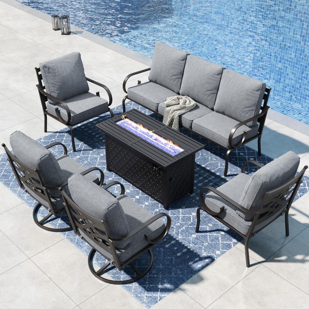 Black Metal 7 Seat 6-Piece Steel Outdoor Fire Pit Patio Set with Gray Cushions,2 Swivel Chairs and Fire Pit Table price history on PriceWatchPro
