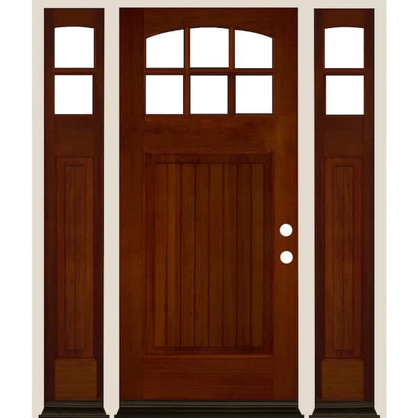 Krosswood Doors 64 in. x 80 in. V-Groove Arch 6-Lite Clear Glass Red Chestnut Stain Left Hand Hemlock Prehung Front Door with DSL